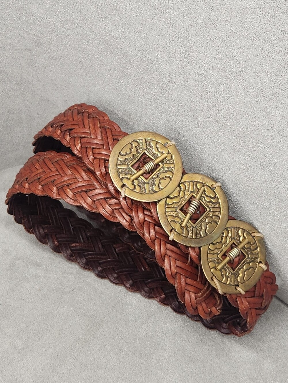 Handmade belt women's 32 brown leather woven concho southwestern folk art ethnic